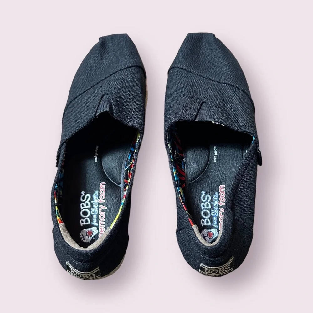 Bobs By Skechers Black Espadrille Women's Slip On Wedge Shoes Sz 8.5 Memory Foam